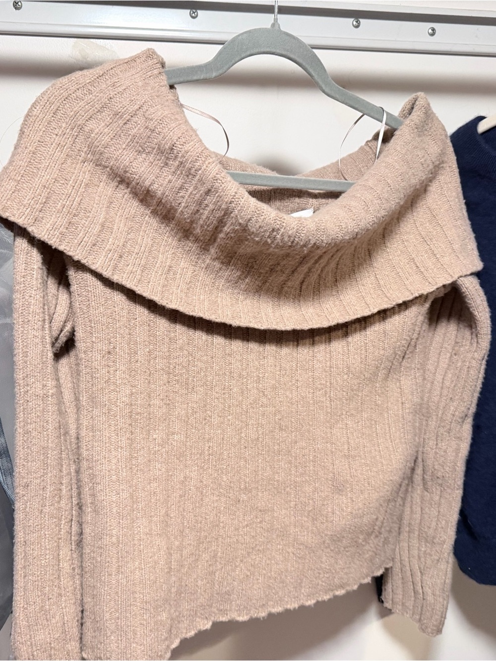 Pink Rose Dusty Blush Off-the-Shoulder Ribbed Knit Sweater